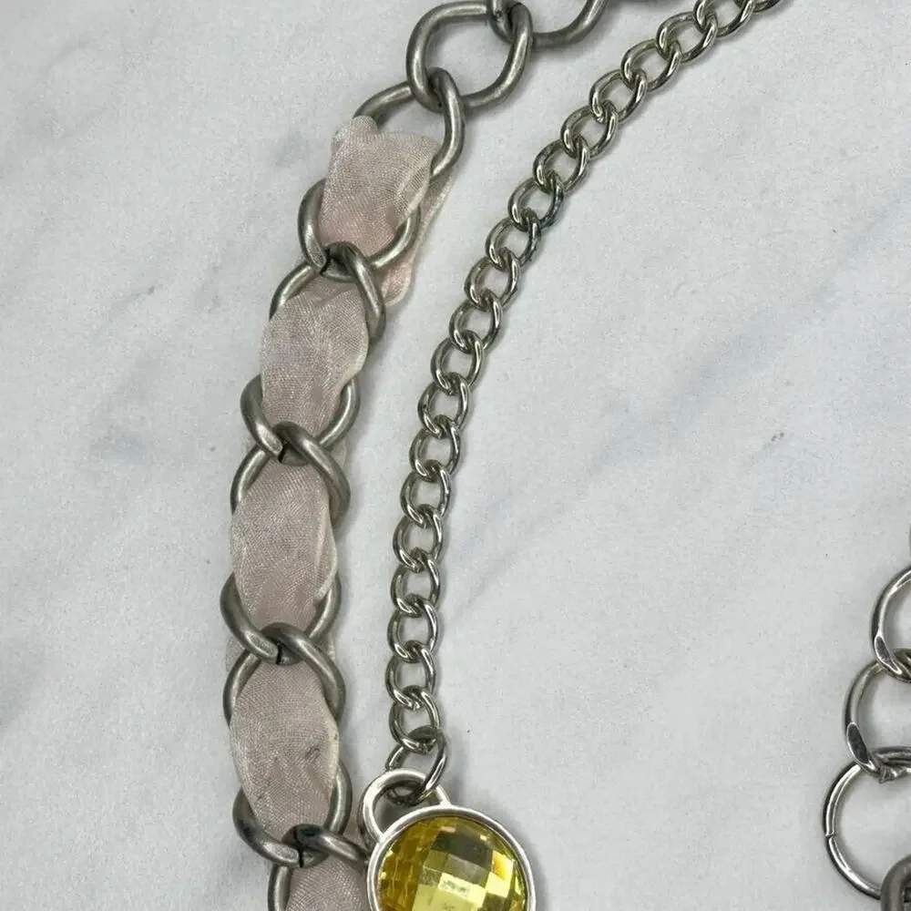 Pink Flower Rhinestone Silver Tone Metal Chain Link Belt Size Large L XL